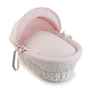 CLAIR DE LUNE Wicker Moses Basket White with Pink Waffle Drapes